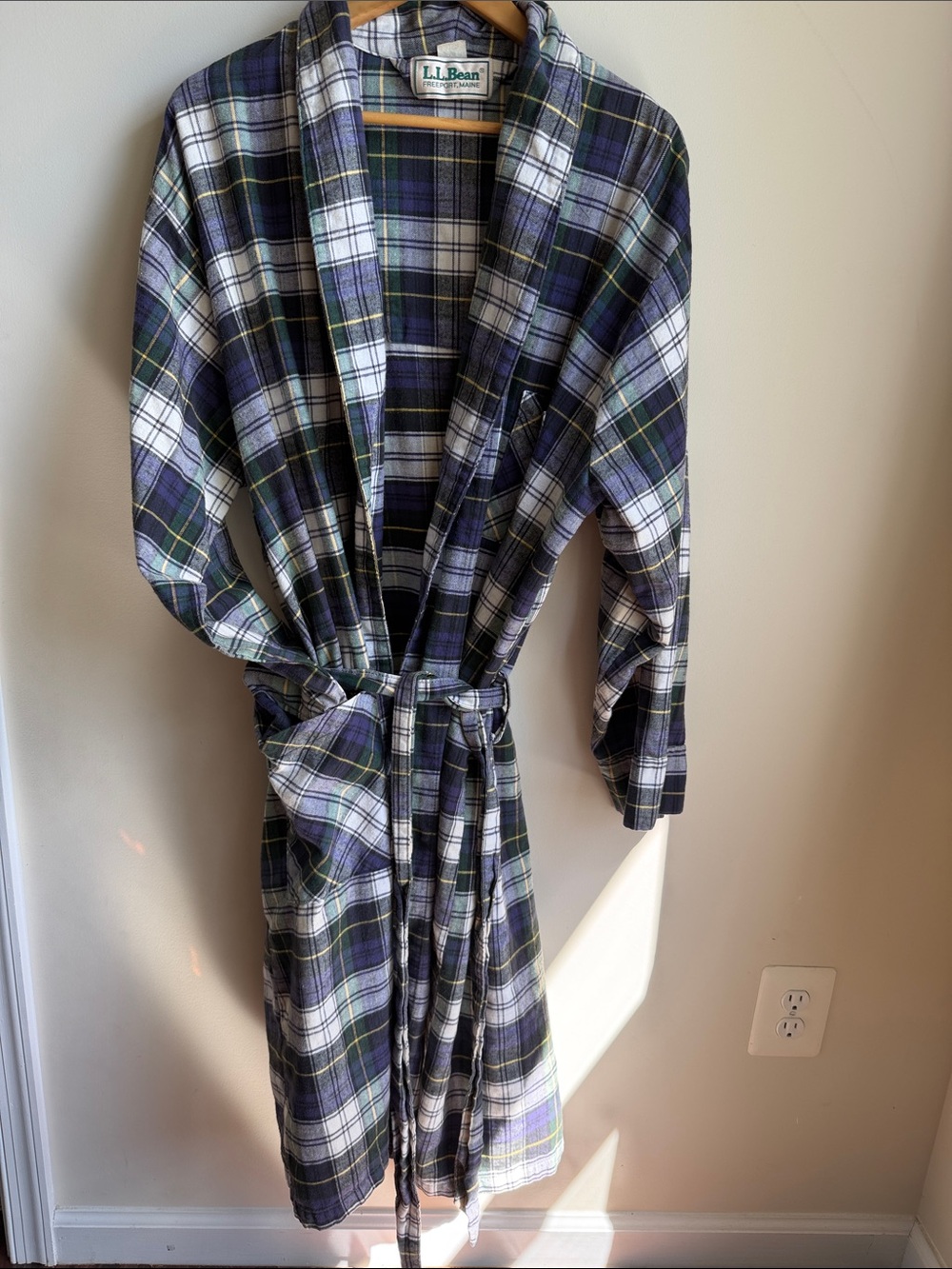 VTG LL Bean Cotton Plaid Flannel Long Belted Robe With Pockets Mens L USA